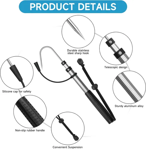 Vista 3 de SANLIKE Telescopic Fishing Gaff Aluminum Pole with Nonslip Rubber Handle Stainless Steel M8 Screw Hook Gris