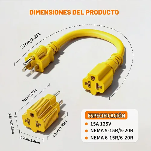 Vista 3 de Cable de extensión 4 en 1 de 15 amperios a 20 amperios y adaptador de corriente de 1 pie, adaptador de hoja T - 5-15P a 5-20R, 6-15R, 6-20R, cable