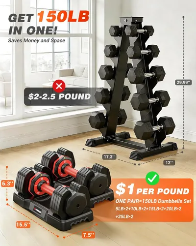 Vista 6 de Rendpas Adjustable Dumbbell Set, Quick Adjust Free Weights for Home Gym 25/55/80/90lb weight dumbbells w/non-slip handle, dual-lock safety