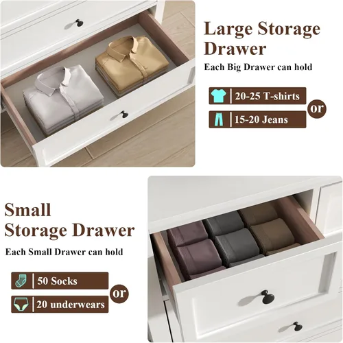 Vista 4 de Cómoda rústica con 10 cajones para dormitorio, cómoda blanca Blanco-10 Cajones