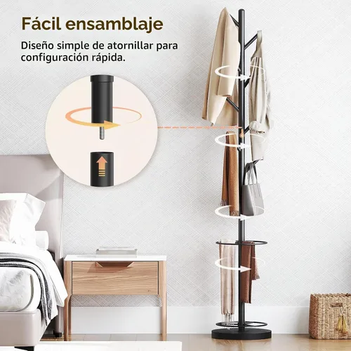 Vista 5 de YATINEY Perchero independiente con soporte para paraguas, perchero con 8 ganchos, árbol de abrigo resistente para entrada, perchero moderno, soporte