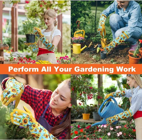 Vista 6 de DLY Guantes de jardinería para mujeres, guantes para rosas resistentes a espinas, guantes largos de jardín para mujeres, guantelete de cuero vacuno