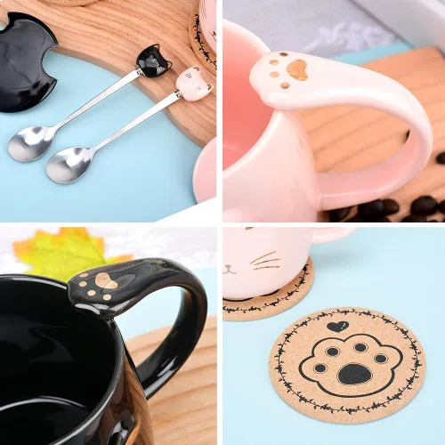 Vista 3 de Taza de café de cerámica rosa con diseño de gato lindo hecho a mano con cuchara de acero inoxidable, taza de gatito, tazas únicas de chocolate Negro