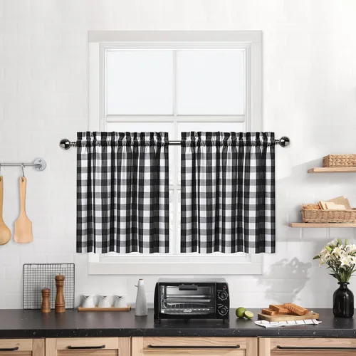 Vista 33 de Cortinas de Cocina Estilo Granja de Cuadros Vichy Blanco y Negro de 24 Pulgadas de Largo, Cortinas de Café de Media Ventana de Cuadros Buffalo