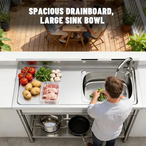 Vista 4 de Fregadero Utilitario de Acero Inoxidable LAFATI, Fregadero de Cocina Independiente de Acero Inoxidable 304 SUS de un Solo Tazón Con Estación