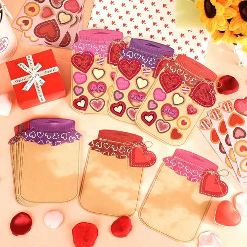Vista 7 de Juego de 30 tarjetas de regalo para el día de San Valentín, tarro de San Valentín, kit de manualidades con calcomanías de corazón, haz tu propia