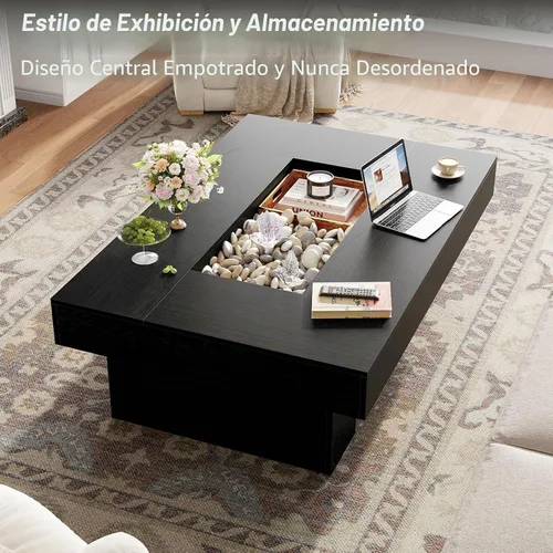 Vista 3 de LVB - Mesa de café negra, mesa de sala moderna de madera con LED y almacenamiento, mesa central única de gran tamaño y forma rectangular con luz