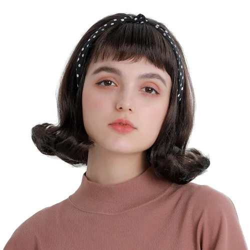 Vista 2 de H&Bwig Retro Pelucas de pelo marrón rizado peluca para las mujeres diarias de los años 50 60 s traje Cosplay partido colmena pelucas con tapa