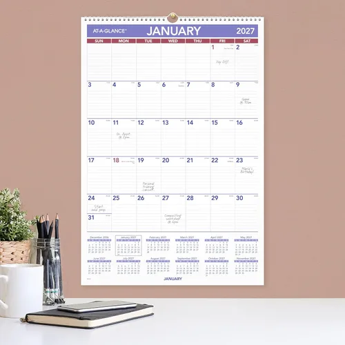 Vista 3 de AT-A-GLANCE Calendario de pared 2027, mensual, planificador de 15.5 x 22.75 pulgadas, bloques diarios a rayas (PM32827)