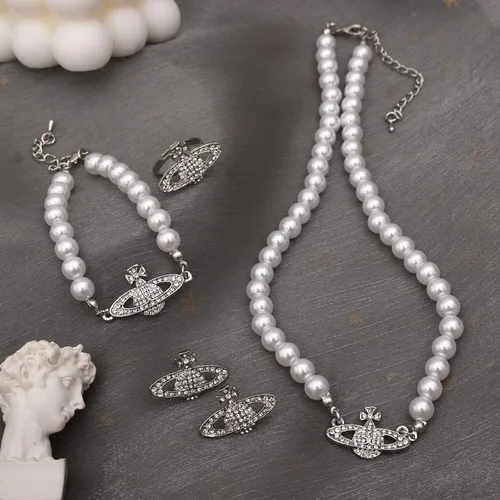 Vista 2 de SFE Juego de 4 gargantillas de perlas artificiales para mujer, juego de joyas de perlas para mujer, accesorios de perlas de boda, conjunto de joyas