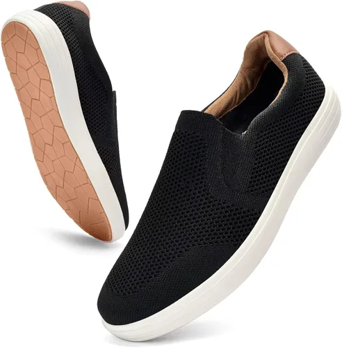 Vista 13 de Puxowe Men's Slip On Loafers, Comfy & Knit Walking Shoes with Arch Support Todo negro