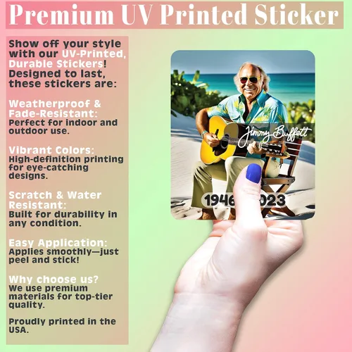 Vista 3 de RIP Jimmy Buffett - Adhesivo adhesivo para automóviles, camiones, ventanas, parachoques, portátiles, tazas, paredes, 5.5 x 4.5 pulgadas