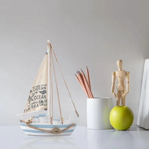 Vista 9 de Modelo de velero de madera, mini LED náutico, conchas náuticas, estatuilla de barco de vela de madera, decoración para el hogar, escritorio
