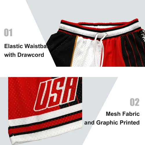 Vista 3 de Pantalones cortos deportivos de baloncesto para hombre, de malla, gimnasio, deportes, entrenamiento, entrenamiento, cordón, retro, con bolsillos