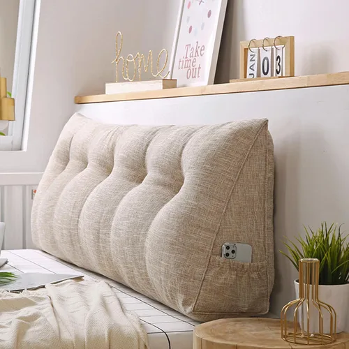 Vista 10 de Almohada triangular grande para cabecero de lectura, almohada de lino y algodón para sofá cama, cojín de apoyo de posicionamiento con funda Rosa