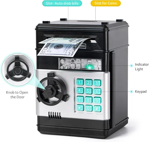 Vista 3 de Alcancía, Vcertcpl Caja de Ahorro de Monedas y Dinero ATM con Contraseña, Caja de Dinero Segura para Niños con Ranura para Billetes de Agarre