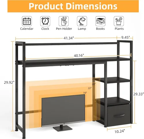 Vista 3 de Estante de escritorio con cajón, estante organizador de escritorio de 41.3" (105 cm), estantería para monitor de computadora hasta 32", estante