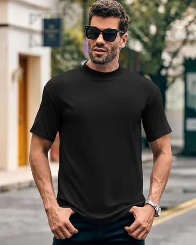 Vista 3 de Wihion Camiseta de cuello alto falso para hombre, camiseta acanalada de manga corta con cuello alto