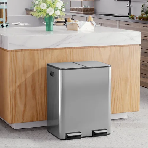 Vista 8 de Cubo de basura de acero inoxidable con doble compartimento de 40 litros/10 galones, cubo de basura manos libres con tapa de cierre suave, combo
