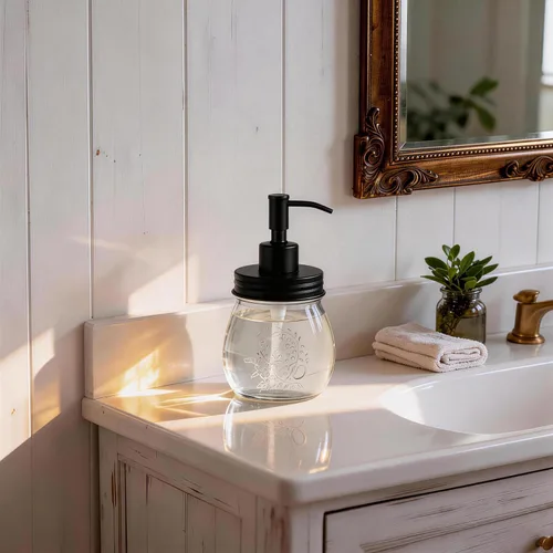 Vista 3 de Amolliar Dispensador de jabón líquido en tarro Mason de 10 onzas, bomba y tapa de acero inoxidable, bonita decoración de granja para cocina, baño