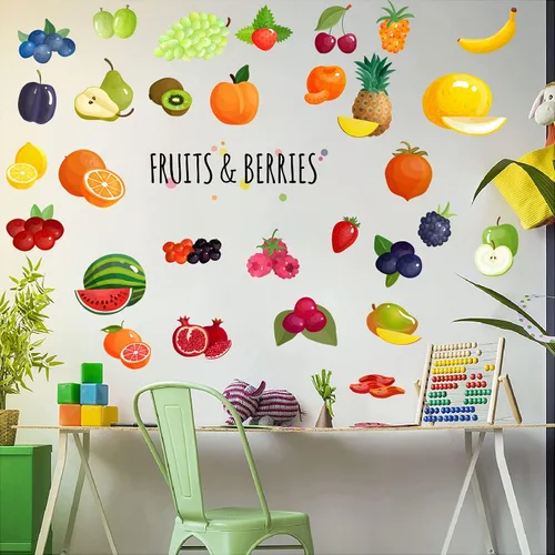 Vista 2 de Linda calcomanía de pared de frutas de dibujos animados DIY cocina verduras verdes verduras verdes sandía zanahoria berenjena cereza naranja