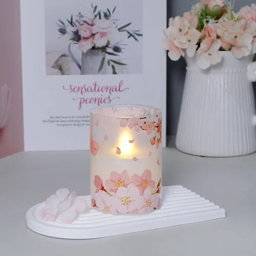 Vista 2 de Velas de cristal sin flama parpadeantes con control remoto y temporizador, flores de cerezo LED, cera real operadas por batería, juego de 3 velas