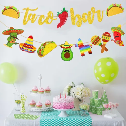 Vista 5 de Fiesta Taco Bar Banner Garland 2 juegos de fiesta mexicana fiesta bandera con cactus burro maraca sombrero taco pimienta para fiesta temática