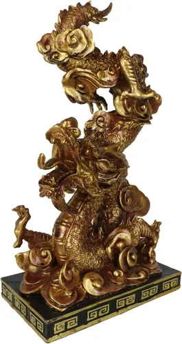 Vista 4 de Ebros Gift Estatua decorativa del rey dragón dorado con base de pedestal negro de 10.25 pulgadas de alto, estatua oriental legendaria de Yin Yang
