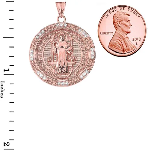 Vista 3 de Elegante medallón de oro rosa de 14 quilates con diamante de dos caras de San Benedicto