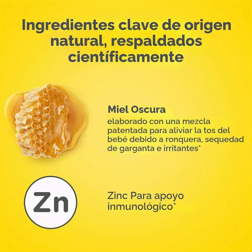 Vista 3 de Jarabe de Miel para la Tos de Bebé Zarbee's + Inmune para Bebés de 12-24 Meses, Jarabe para la Tos Seguro y Eficaz con Miel Oscura Calmante y Zinc