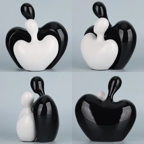 Vista 6 de Estatua de amor de cerámica, pareja masculina y femenina abrazando escultura, decoración del hogar en blanco y negro, boda para padres, figuras