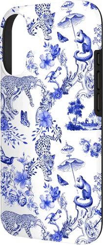 Vista 2 de French Blue Toile Chinoiserie with Flowers, Monkey, Leopards Case for iPhone 17