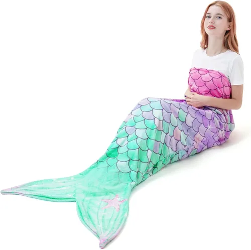 Vista 18 de WERNNSAI Manta de Cola de Sirena para Niños - Manta Ponible de Sirena que Brilla en la Oscuridad para Niñas de Invierno Franela Suave con Escamas