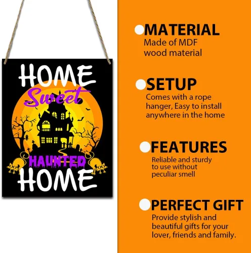 Vista 3 de Letrero de madera rústica de Halloween, divertido decoración de Halloween, hogar, dulce embrujado, placa de madera colgante para decoración
