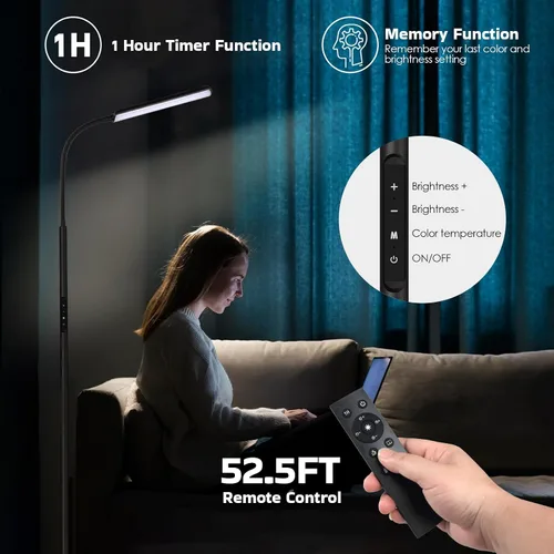 Vista 6 de Dimunt Lámpara de pie LED, lámparas de pie brillantes de 15W para sala de estar con temporizador de 1H, lámparas de pie ajustables sin escalones