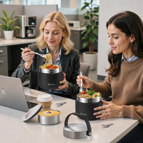 Vista 3 de Tarro de comida aislado de 40 onzas con 2 compartimentos, termo a prueba de fugas para comida caliente, boca ancha, acero inoxidable, incluye Negro