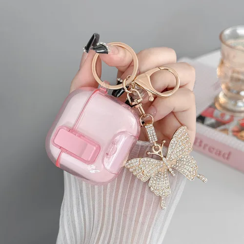 Vista 3 de Bonita funda rosa para Airpods de 4 generación con cerradura y llavero de mariposa brillante para mujeres femeninas, funda rígida transparente única