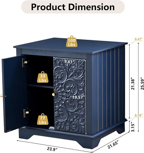 Vista 2 de weselon Mesa auxiliar de estilo granja con puerta floral tallada, mesita de noche de 24 pulgadas de ancho con estante ajustable, mesa auxiliar
