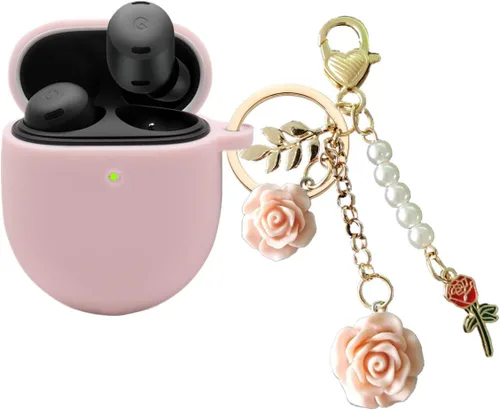 Vista 9 de Funda para Google Pixel Buds Pro con llavero, bonita funda de silicona para Pixel Buds Pro, funda de carga protectora con mosquetón de flores, Azul