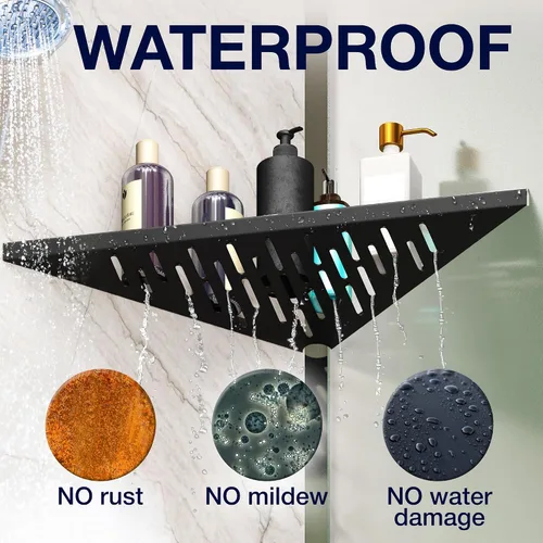 Vista 4 de Estantes esquineros de baño para ducha, adhesivo, palo, taladro, sin taladro, estante esquinero flotante negro fuerte de 16 pulgadas para pared