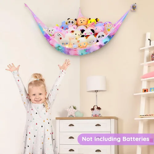 Vista 5 de Unicorn Castle Hamaca de red para animales de peluche, almacenamiento de juguetes con luz LED, organizador de juguetes de felpa para colgar