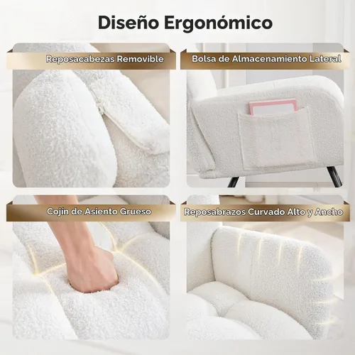 Vista 6 de Silla mecedora tapizada para guardería, mecedora tapizada con asiento acolchado con respaldo alto, silla auxiliar cómoda Beige