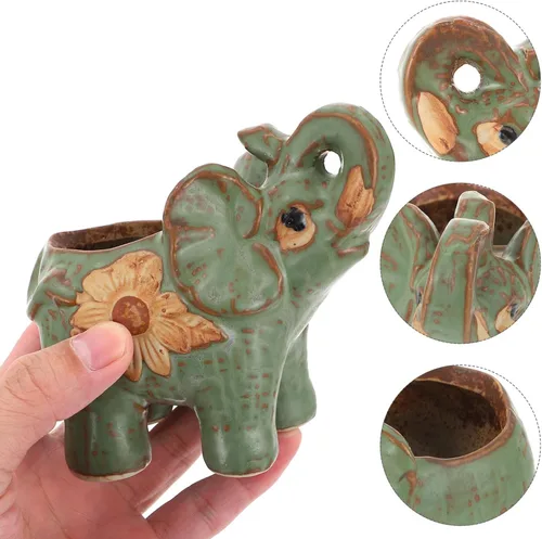 Vista 3 de Veemoon Maceta pequeña de cerámica con elefante, bonitas macetas de animales suculentas, soporte para plantas de aire, recipiente de cactus verde