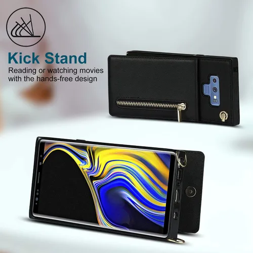 Vista 5 de Funda para teléfono Samsung Galaxy Note 9 con correa cruzada, tarjetero de cuero, ranuras de crédito, soporte magnético, accesorio para celular