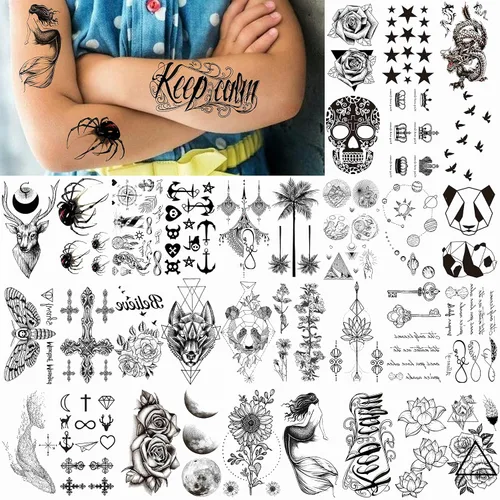 Vista 4 de VANTATY 66 hojas de tatuajes temporales negros pequeños en 3D para mujeres y hombres, impermeables, calcomanías falsas para rostro, cuello, brazo