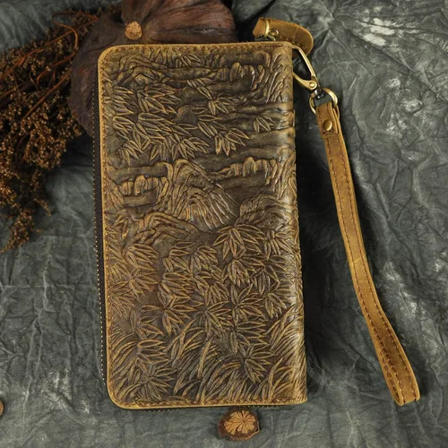 Vista 3 de Le'aokuu Unisex calidad cuero genuino cadena embrague mano bolso organizador monedero chequera cremallera cartera 1016, Tigre W1016, Cartera
