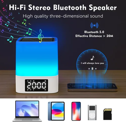 Vista 2 de Luz Nocturna Altavoz Bluetooth, Regalos para Niños de 10 11 12 13 14 15 Años Adolescentes Niñas, Reloj de Alarma Dual Todo en Uno, Lámpara de Noche