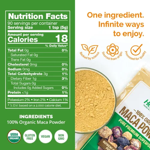 Vista 2 de HerbaZest Maca en polvo orgánico – 1 libra – Certificado USDA, vegano y sin gluten – Perfecto para batidos, jugos, hornear, yogur y cereales