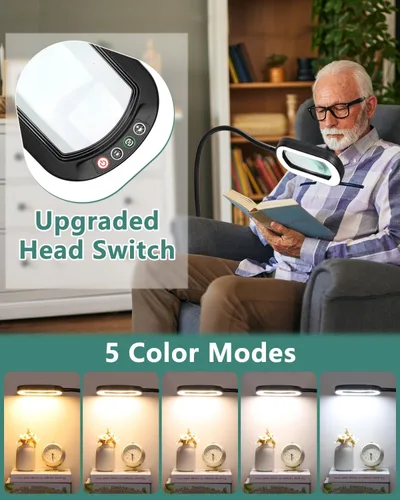 Vista 3 de Lupa rectangular 10X con luz y soporte, lámpara de pie flexible de 24 pulgadas de cuello de cisne 3 en 1, 5 modos de color regulable continuo, lupa