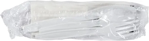 Vista 4 de Juego de cubiertos desechables de plástico blanco envueltos individualmente, juego de cubiertos de plástico resistente, tenedor, cuchara, cuchillo